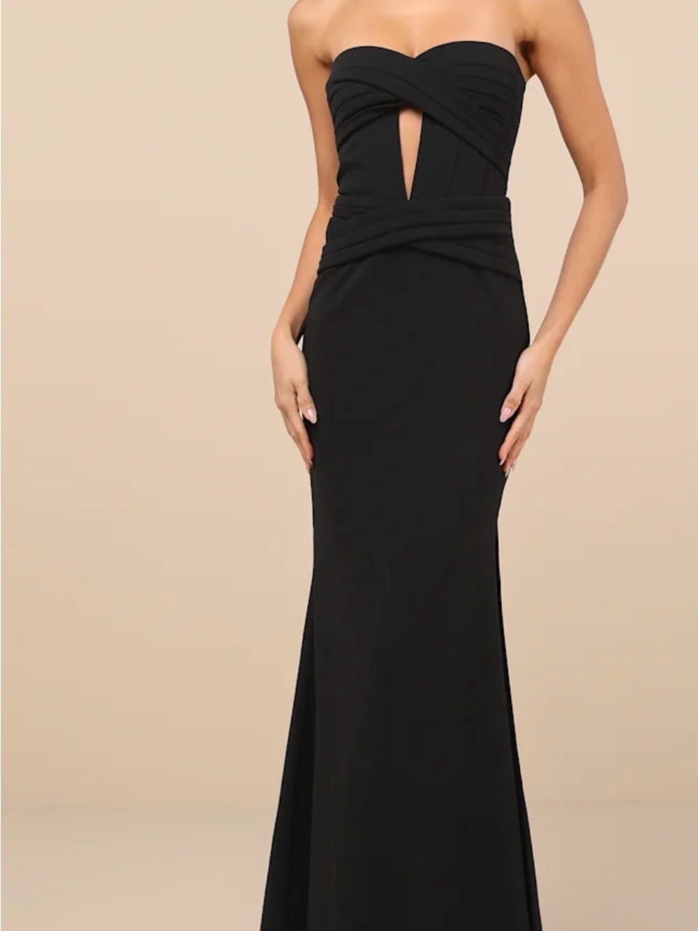 Lulu's Black Strapless Twist-Front Evening Gown